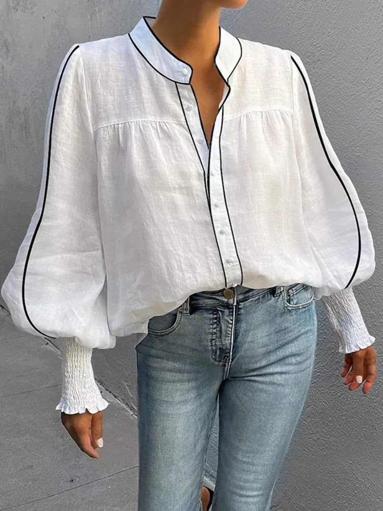 Yeezzi Women's Puff Sleeves Stand Collar Blouses 2025 New Fashion Contrast Color Loose Single-breasted Korean Style Shirts Tops