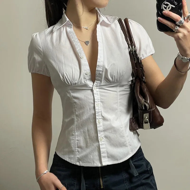 Y2k Vintage Slim Fit Crop Tops Ladies Fashion Button Down T-shirts Women Short Sleeve Lapel Collar Solid Color Blouse Tees
