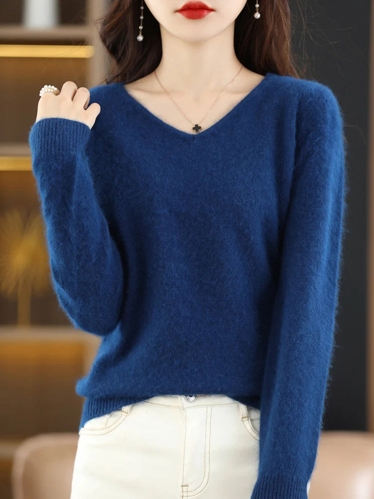 Mini Star Women's V-Neck 100% Mink Cashmere Pullovers Sweater Long Sleeve Knitwear Solid Basic Casual Autumn Winter Clothes Tops