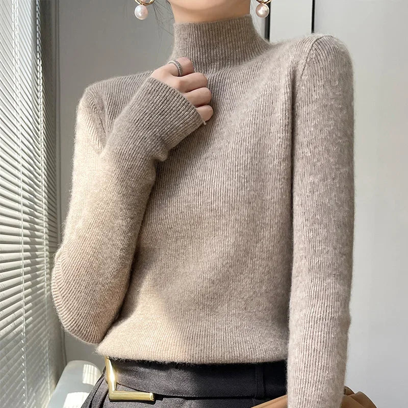 Autumn Winter Women Sweater Slim Fit Bottoming Shirt Basic Knitted Tops Black Long Sleeve Mock Neck Pullovers Strecth Innerwears
