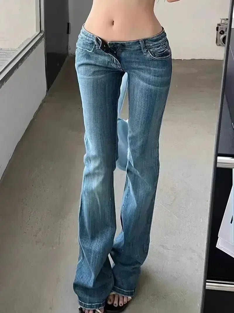 Low Rise Harajuku Vintage Jeans Women Slim Streetwear Retro Y2K Pants 2025 Spring Casual Flared Denim Trousers Pantalones
