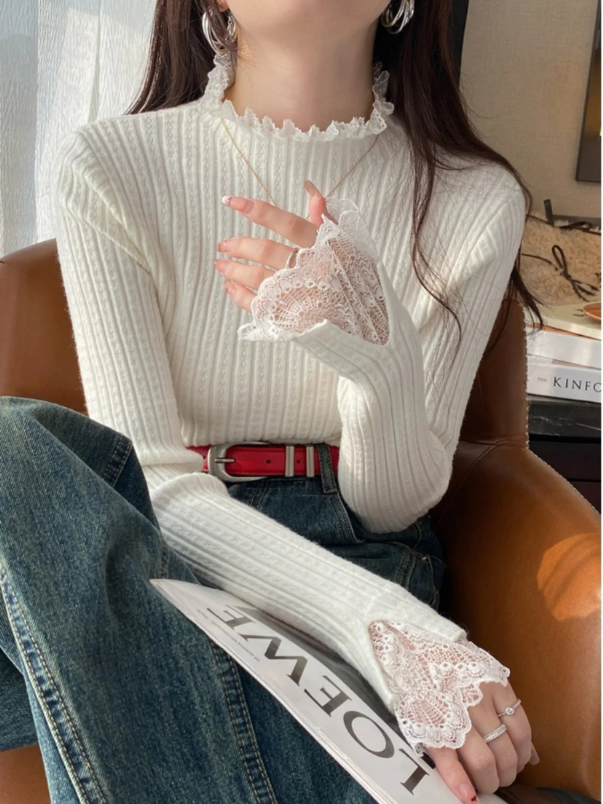 Women Solid Color Tops Autumn Winter Turtleneck Skinny Elastic Knitted Pullovers Female Long Sleeve Knit Patctwork Lace Sweater