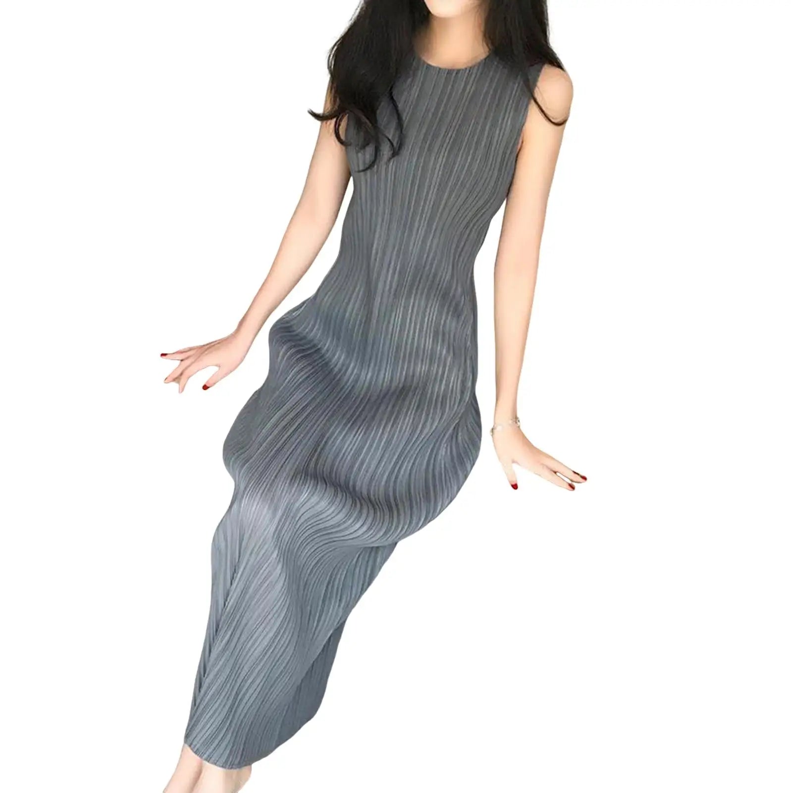 Miyake Pleated Sleeveless Round Neck Long Loose Swing Dress New Korean Fashion Women's Plus Size Vest Dress