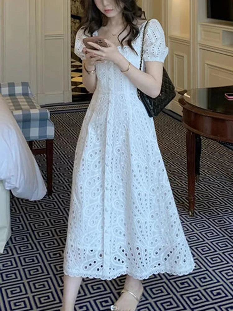 Korean Chic White Midi Dress Women French Hollow Out Sexy Kawaii Long Dress Ladies Summer Elegant Fashion Short Sleeve Dress