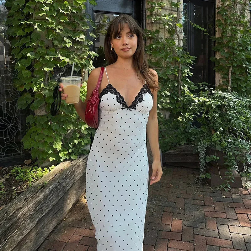Sexy Polka Dot Lace Patchwork Maxi Vestidos Women V-neck Sleeveless Off Shoulder Slim Fit Sling Dress Lady Chic Street Wear