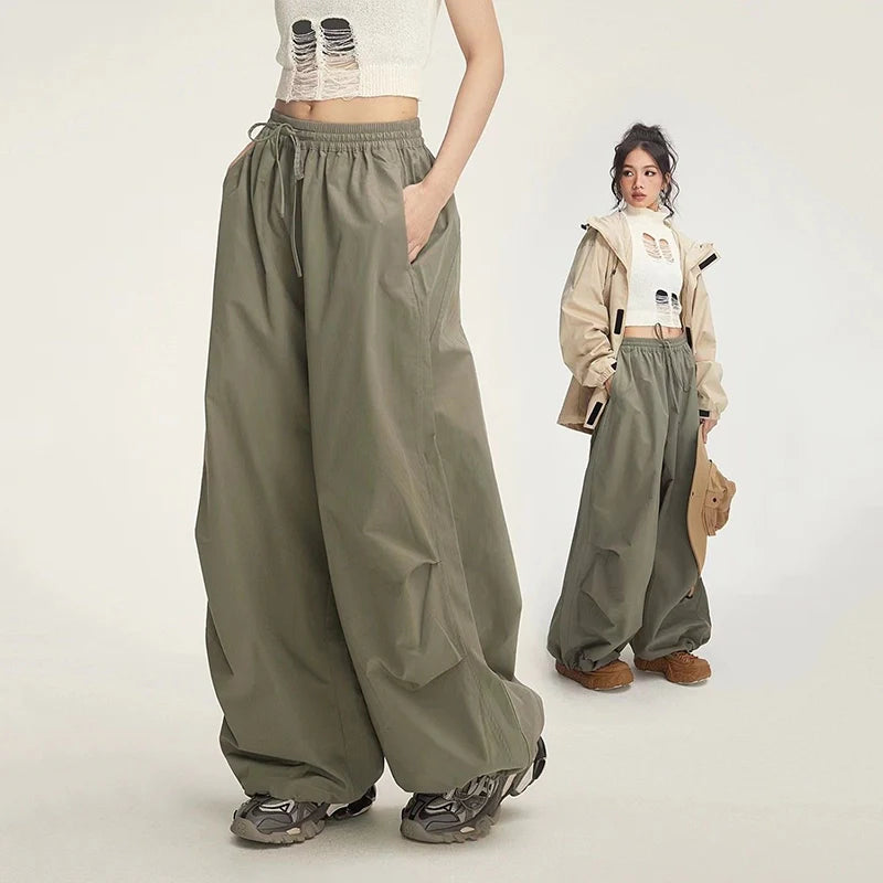 Rimocy Y2K Harajuku Vintage Parachute Pants Women Oversized Baggy Joggers Trousers Woman 2025 Chic Elastic Waist Wide Leg Pants