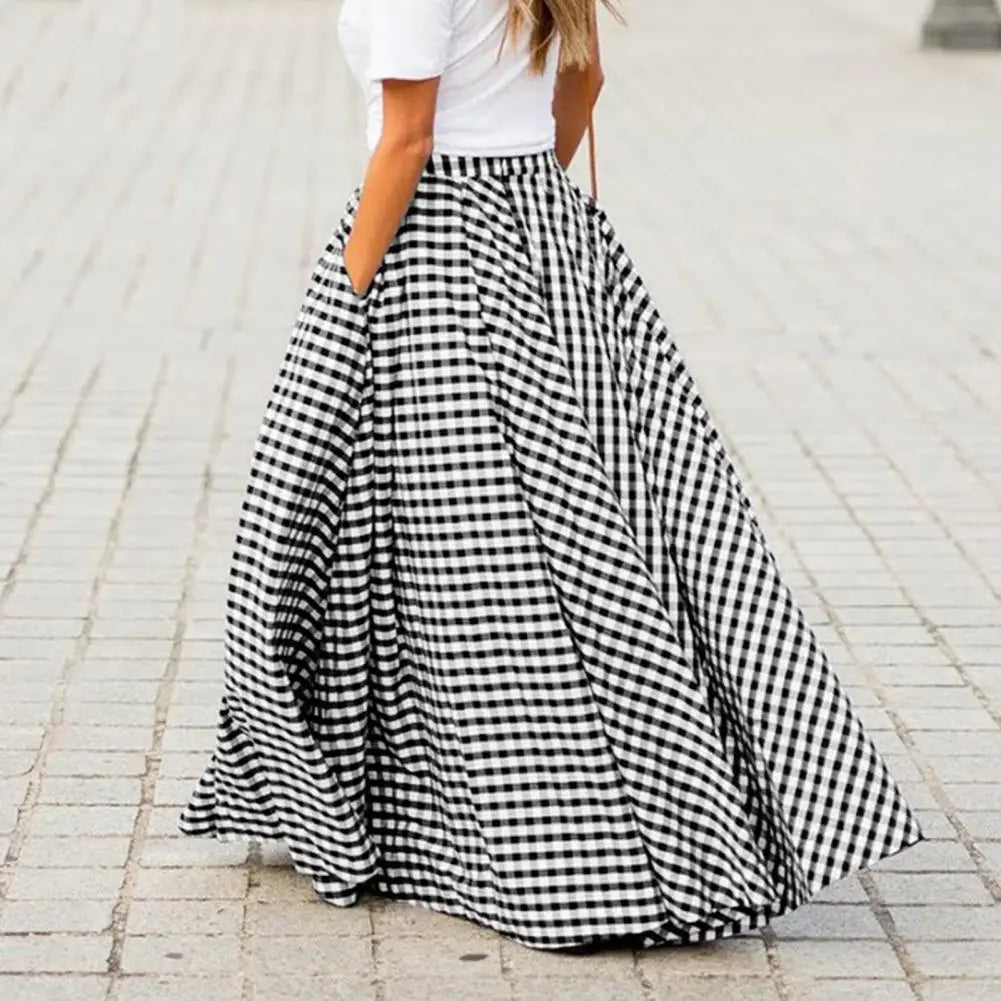 Vintage Bohemian Women High Waist Summer Long Skirt Plaid Pockets Casual A-Line Maxi Skirts Elegant Beach Skirt Long Skirt